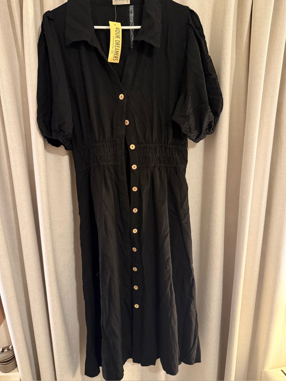 New 4Our Dreamers Black Button-Front Midi Dress Linen Blend M